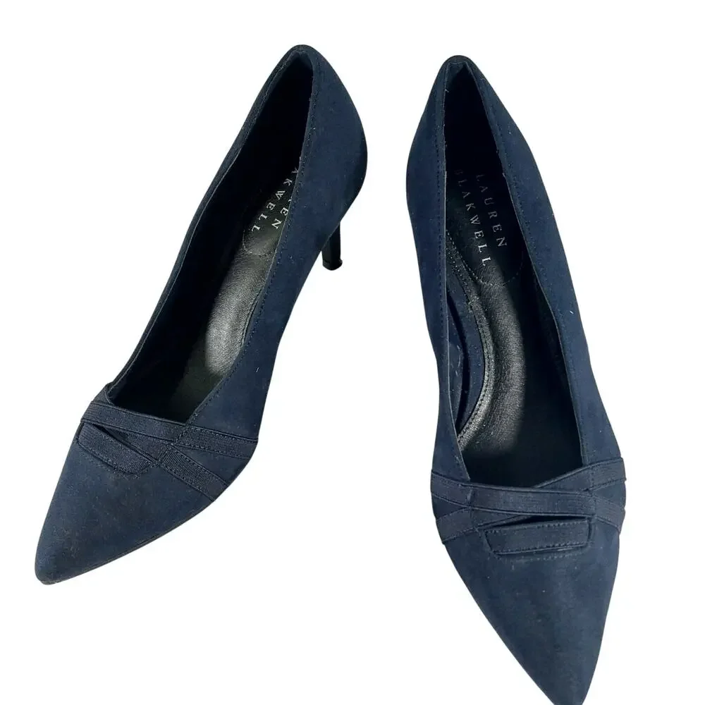 LAUREN BLACKWELL! NAVY BLUE VEGAN SUEDE LEATHER POINTY TIE STILETTO HEELS! SZ 7M